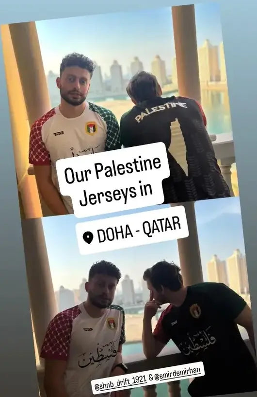 Two men wearing Palestine football jerseys in Doha Qatar 