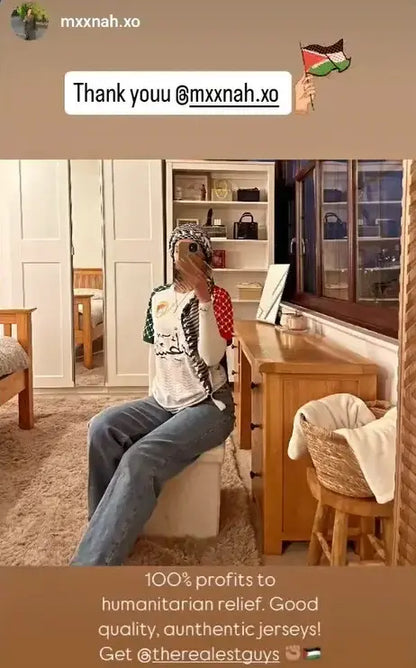 Woman wearing Palestine football jersey white at home with keffiyeh good quality authentic