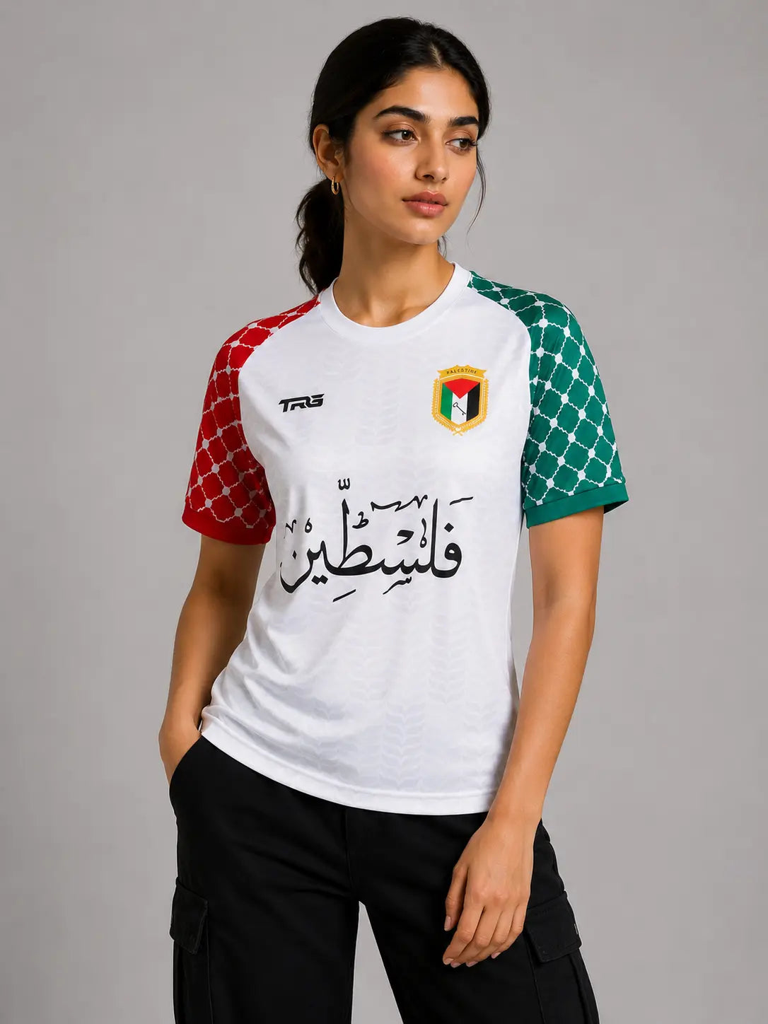 White short sleeve Palestine jersey · side view · The Real Guys
