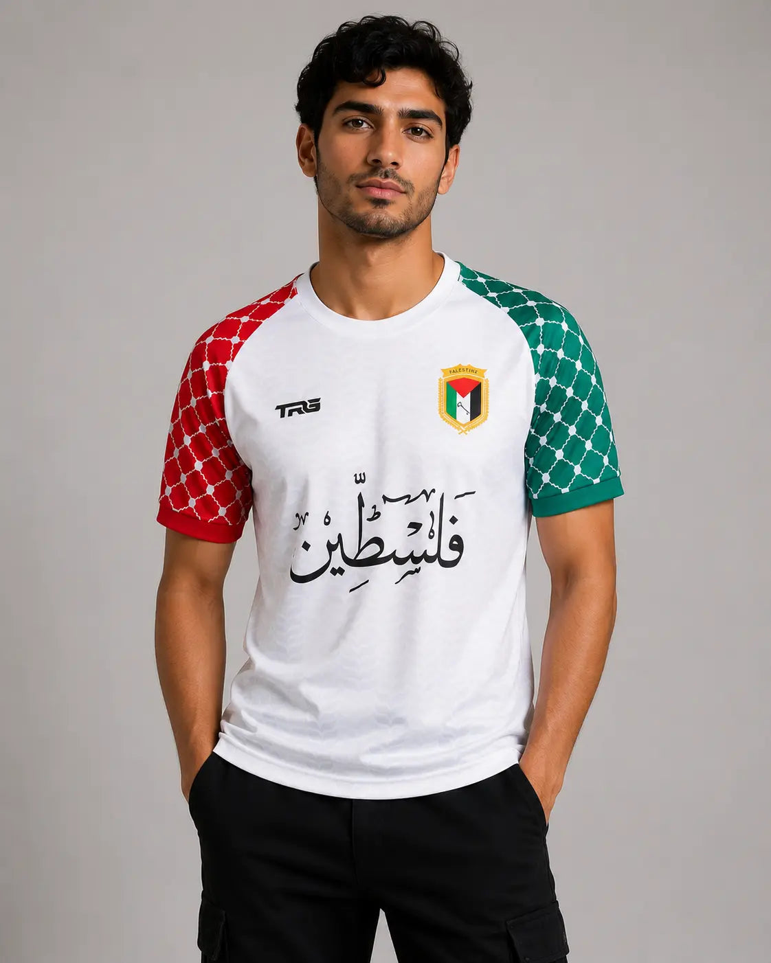 White short sleeve Palestine jersey · front view · The Real Guys