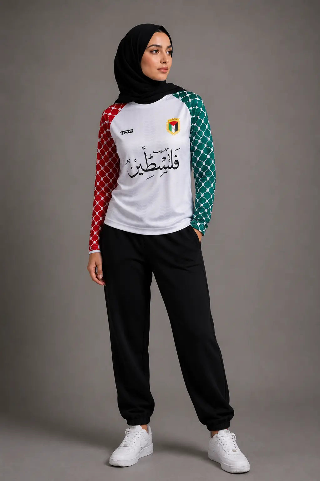 White long sleeve Palestine jersey · front view · The Real Guys